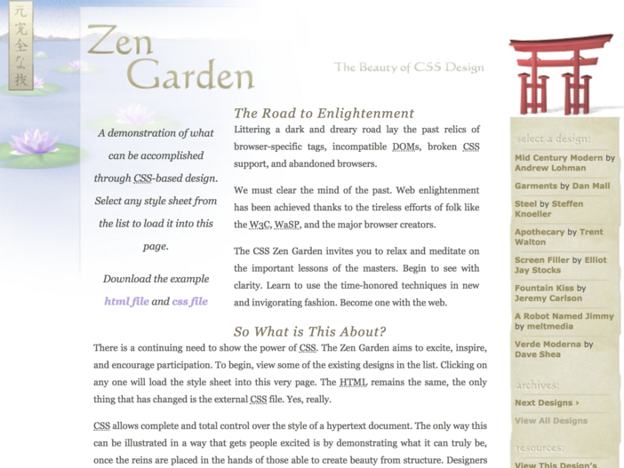 The first CSS Zen Garden theme 'Tranquille' by Dave Shea